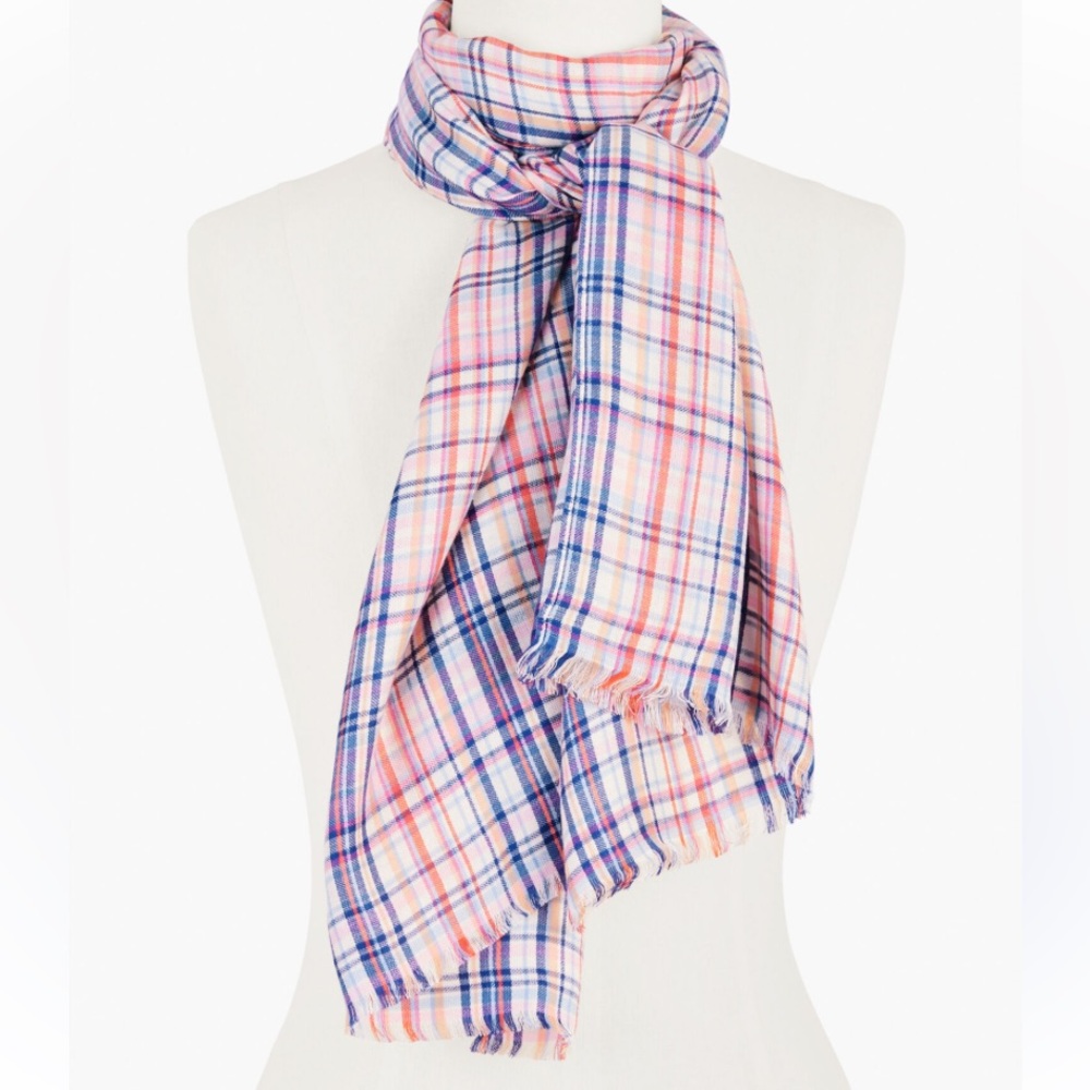 NWT Talbots lightweight pink purple coral white plaid scarf